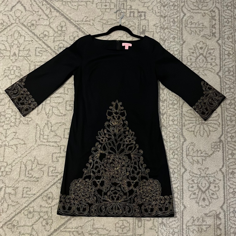 Lilly Pulitzer Women's Shauna black gold embroidered Dress Size 4